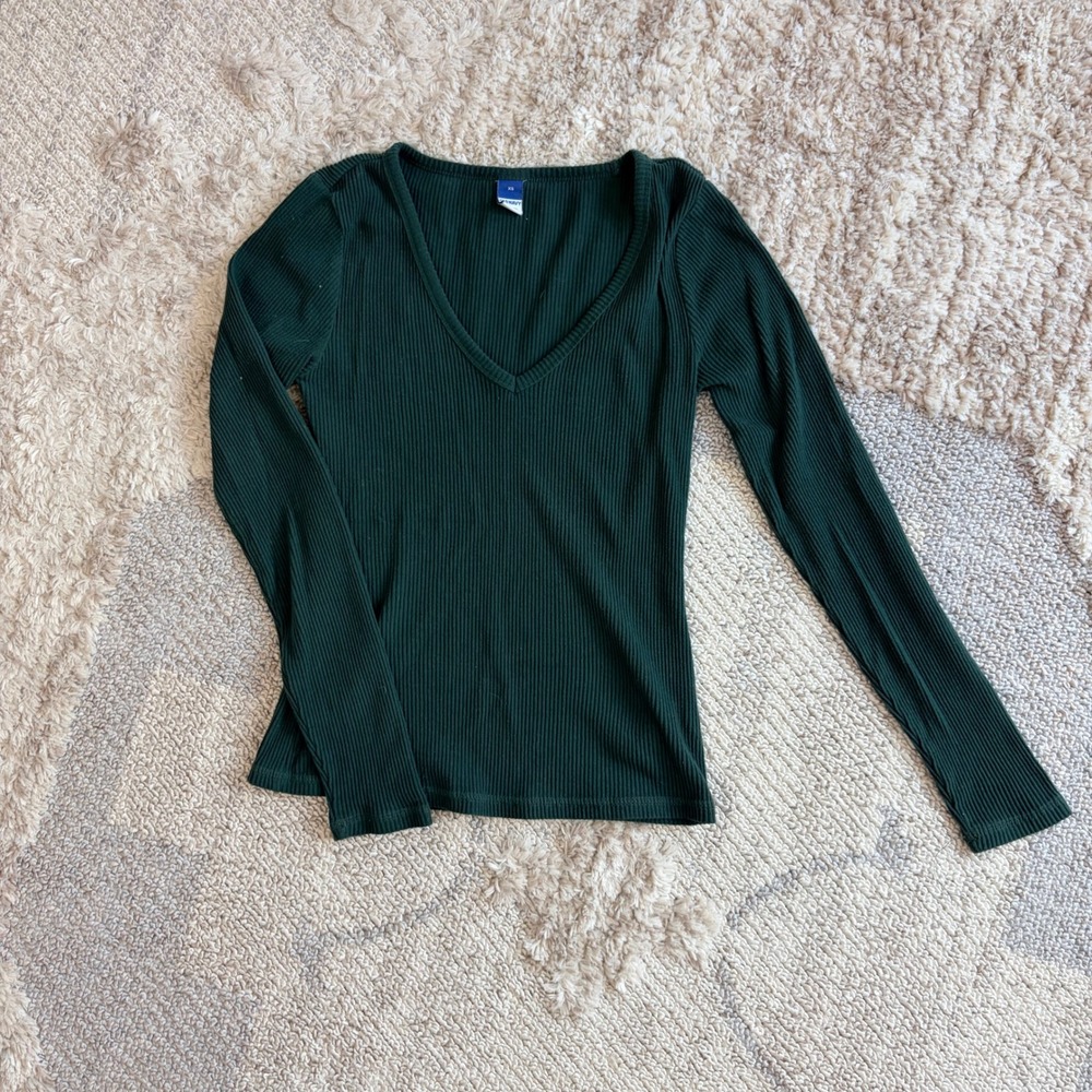 Old Navy Womens XS Forest Green Ribbed V-Neck Long Sleeve T-Shirt Cotton Blend